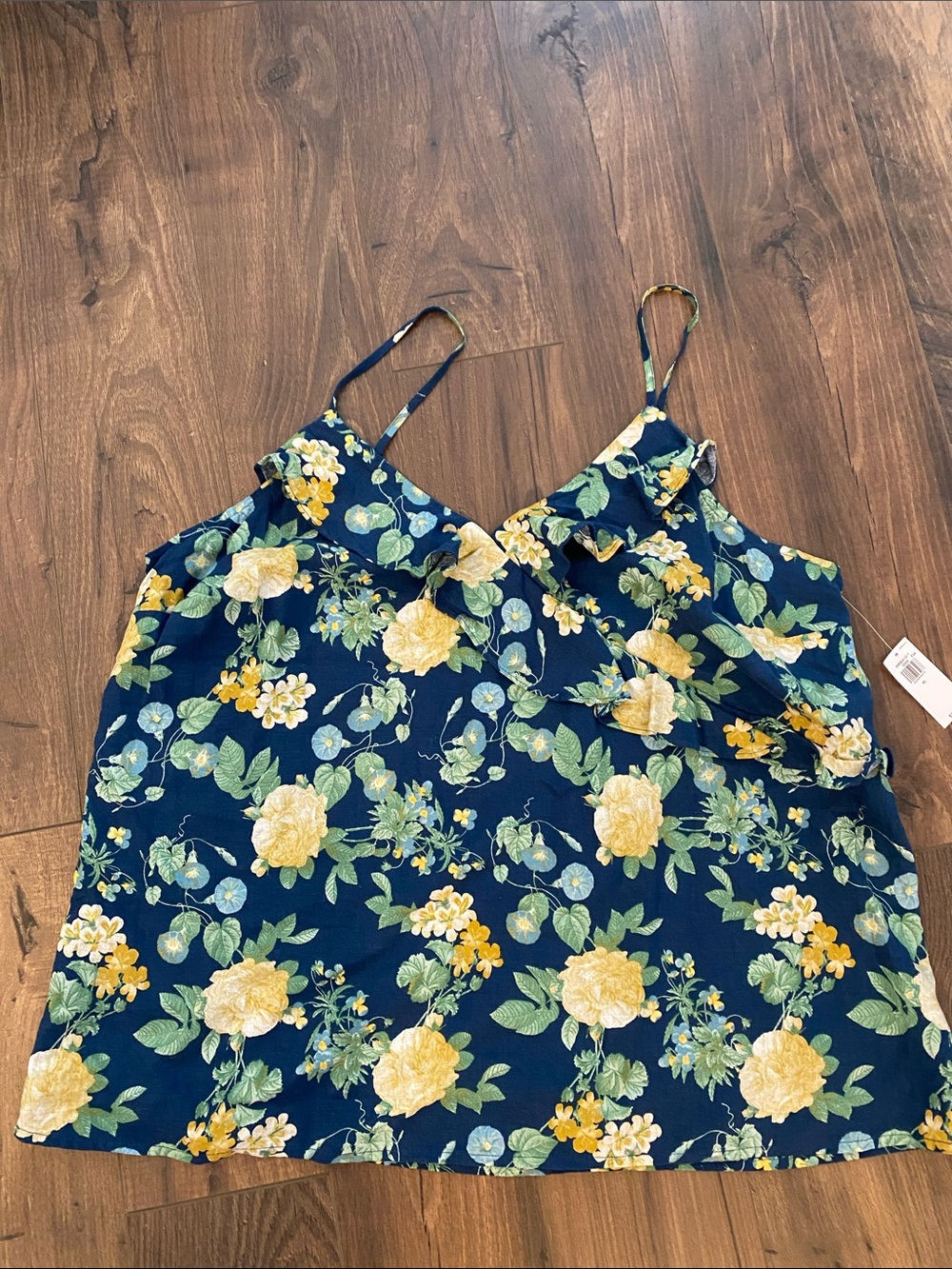 Old Navy Navy Floral Ruffle V-Neck Cami with Yellow and Green Print